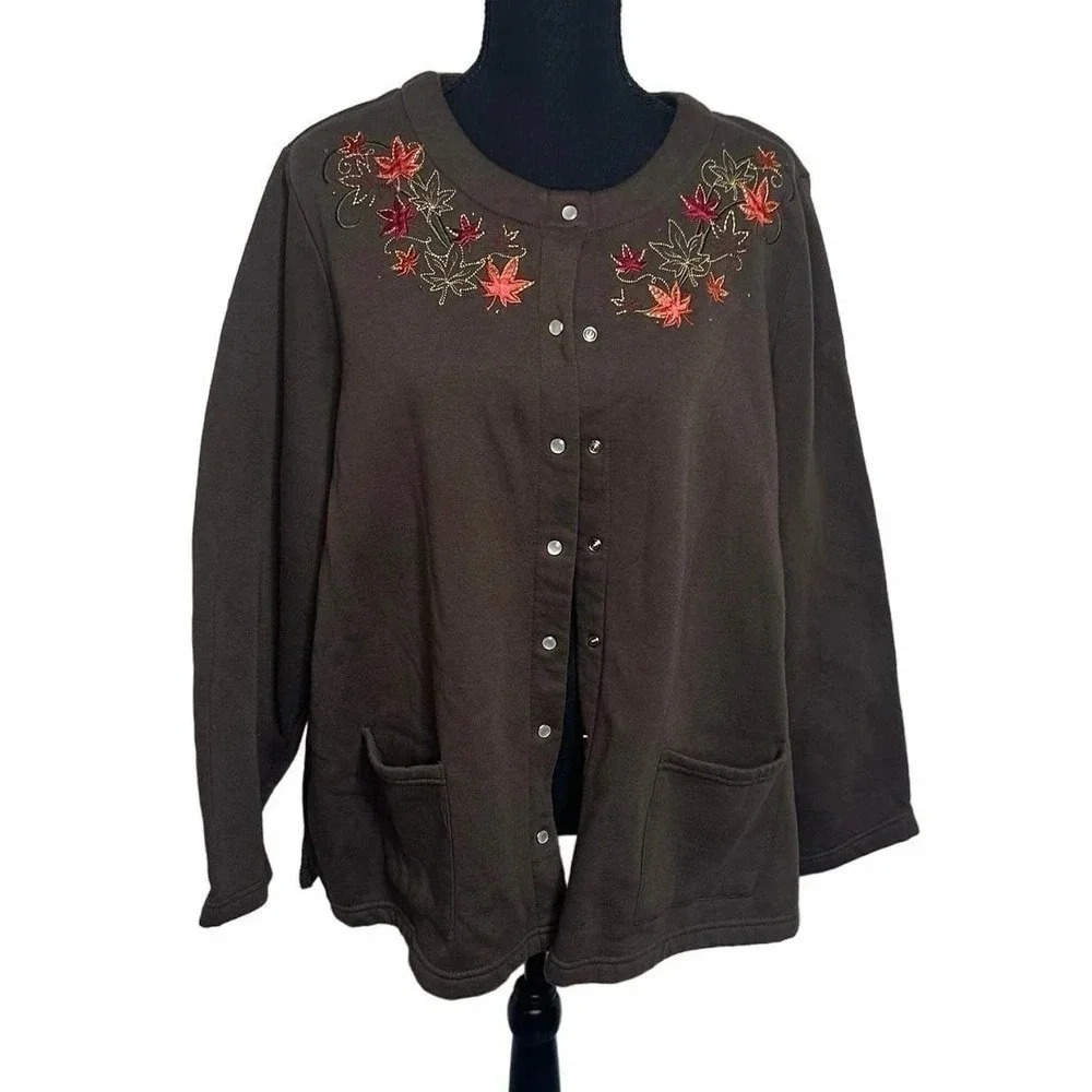 Breckenridge Woman Cardigan Sweatshirt 3X Brown Embroidered Autumn Leaves Snap